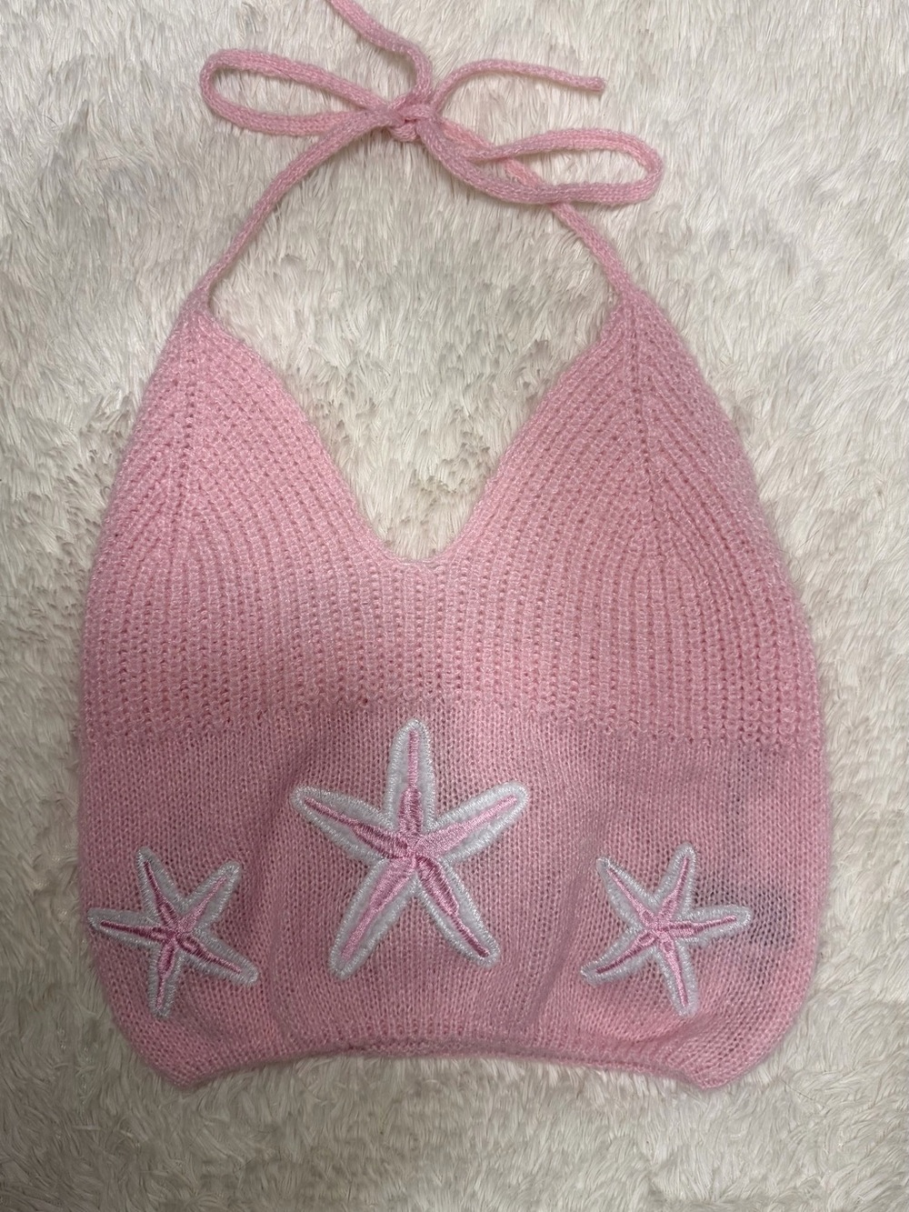 ROMWE Pink Knit Halter Tank Top with Starfish Embroidery